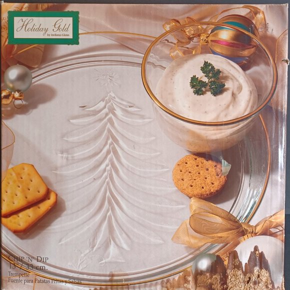 Holiday 16K Gold Indiana Glass Chip Dip Set (Fuente para Patatas Fritas y Salsa) - Picture 1 of 15